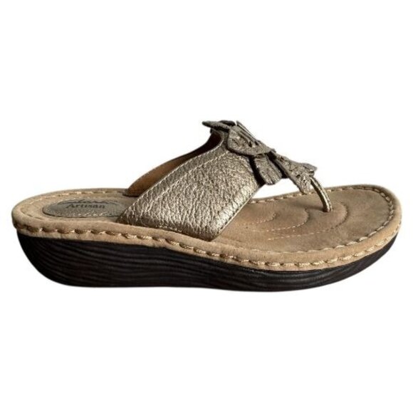 Clarks Artisan Metallic Leather Floral Slide Sandals Gold Comfort Women's 7.5M - Picture 10 of 11